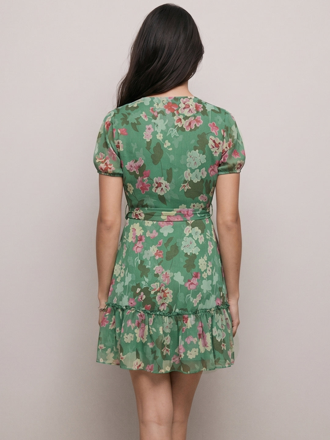 Green Mini Length Tiered Printed Dress