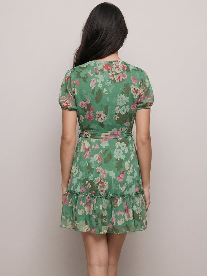 Green Mini Length Tiered Printed Dress