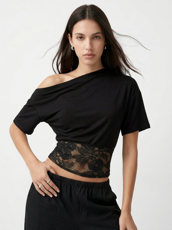 Black Twofer Style Off-Shoulder Top With Lace
