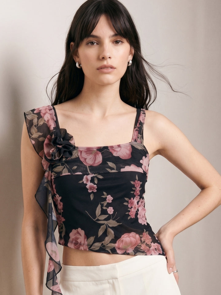 Black All Over Floral Printed Fitted Top