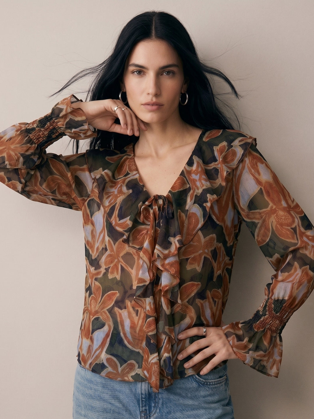 Brown V Neck Printed Neck Tie Up Ruffled Blouse