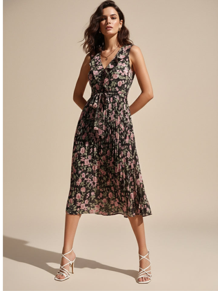 Black Sleeveless Collared Printed Dress