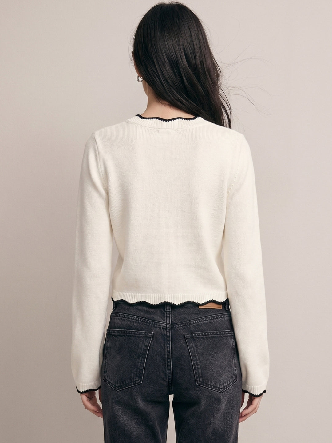 Cream Scallop Neck And Hem Regular Fitted Sweater