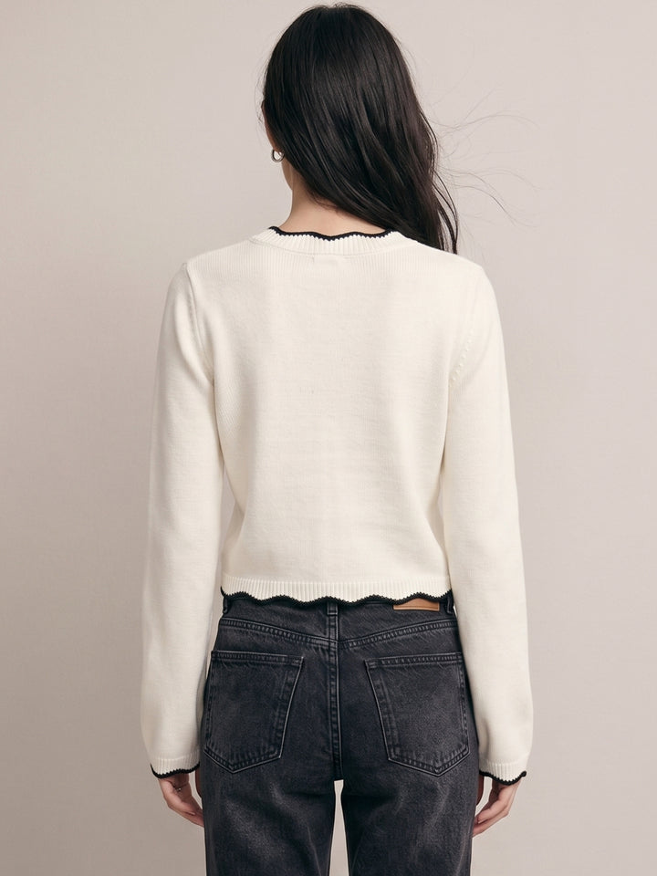 Cream Scallop Neck And Hem Regular Fitted Sweater