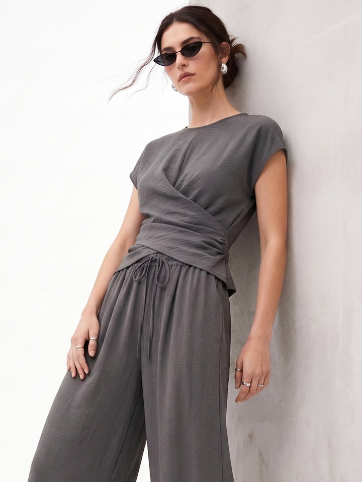 Grey Wrap Hem Detail Top With Wide Leg Pants Co-Ord Set