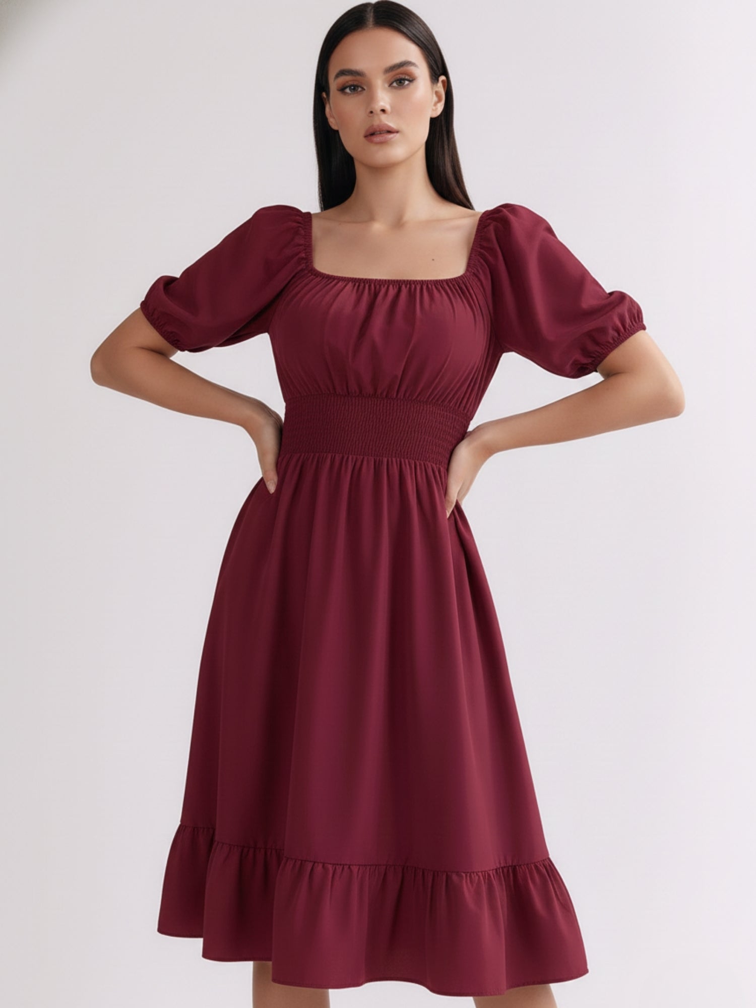 Burgundy Square Neck Cinched Waist Dress