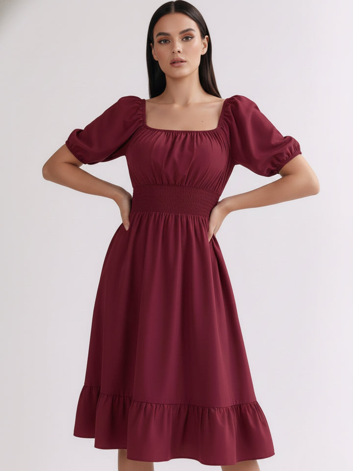 Burgundy Square Neck Cinched Waist Dress
