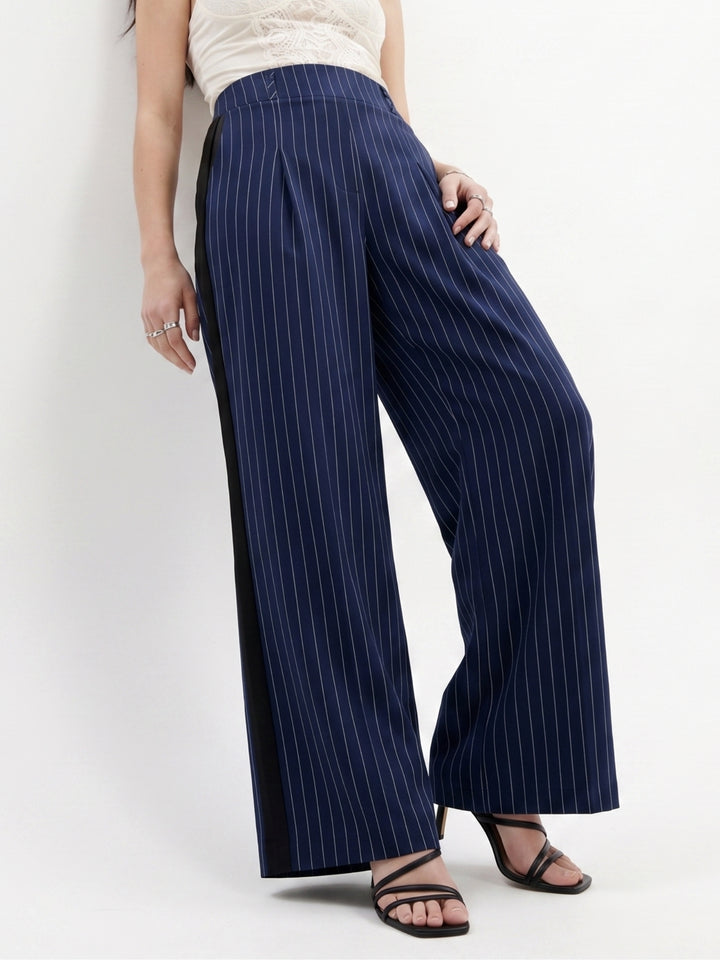 Blue Wide Leg Pleated Trouser With Belt Detail