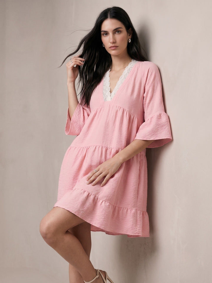 Pink Mini Tiered Dress With Lace Inserts At Neck