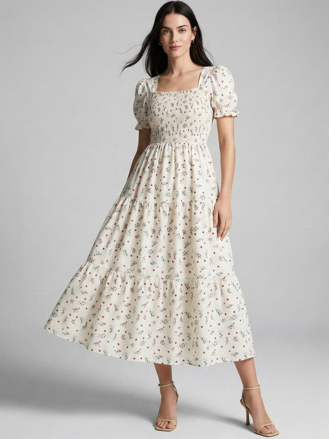 Cream Short Sleeve Square Neck Dress