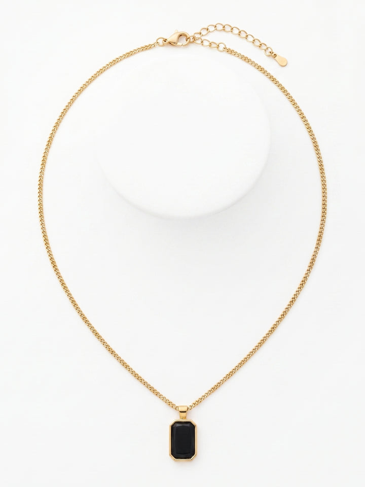 Gold Black Gem Stone Pendant With Necklace