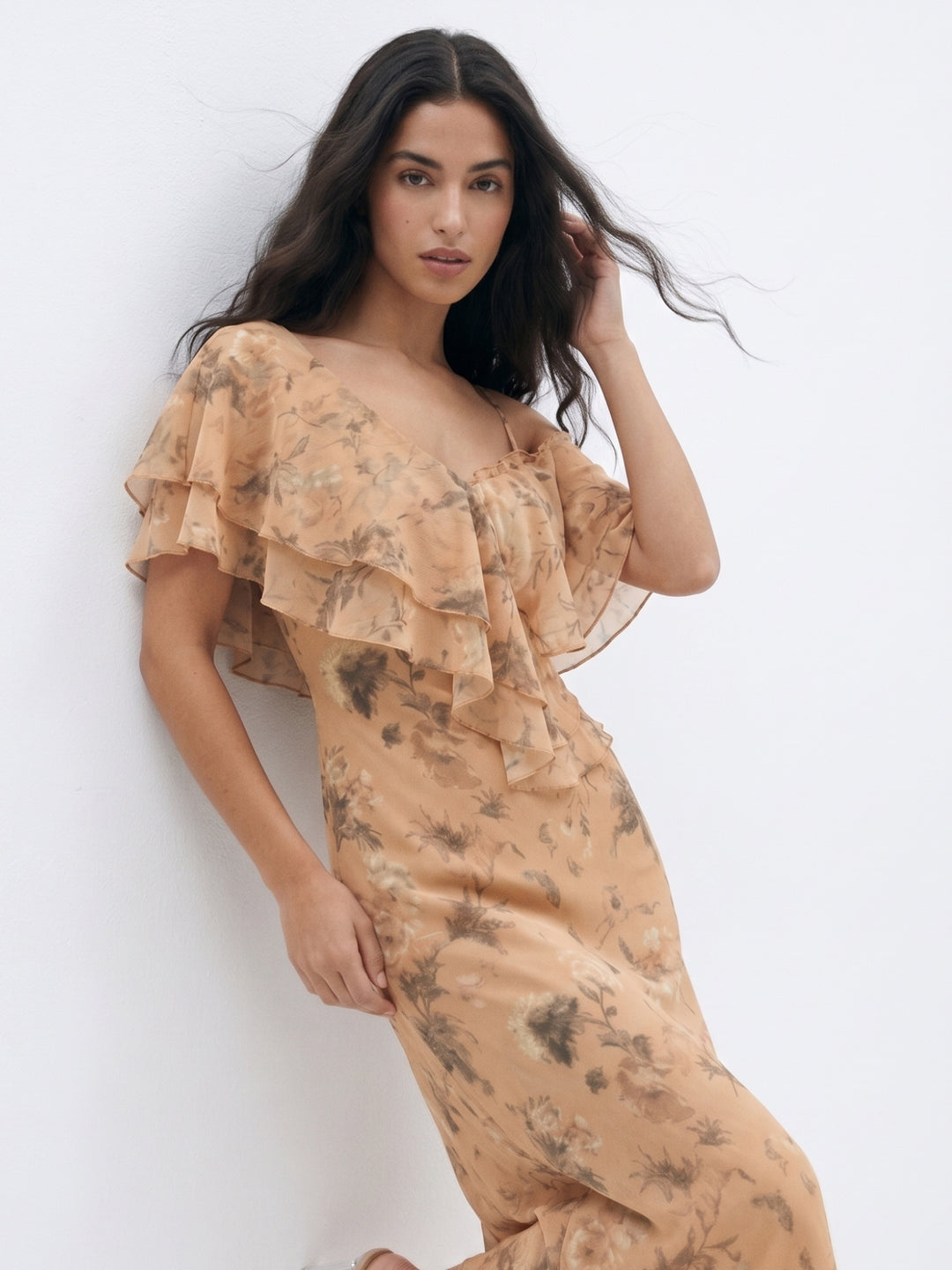 Orange Ruffle Neck Printed Dress