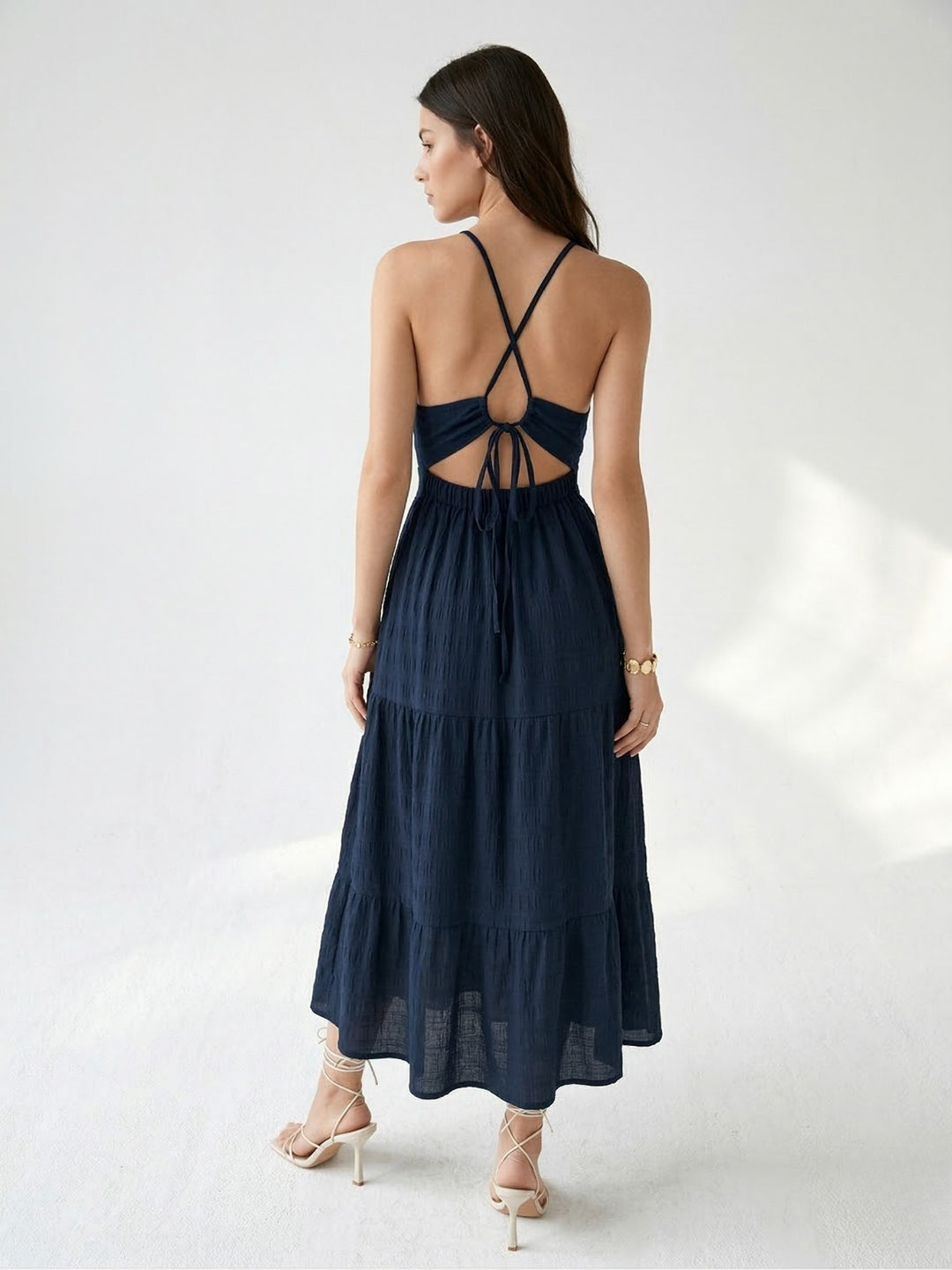 Navy Blue Halter Neck Tiered Dress