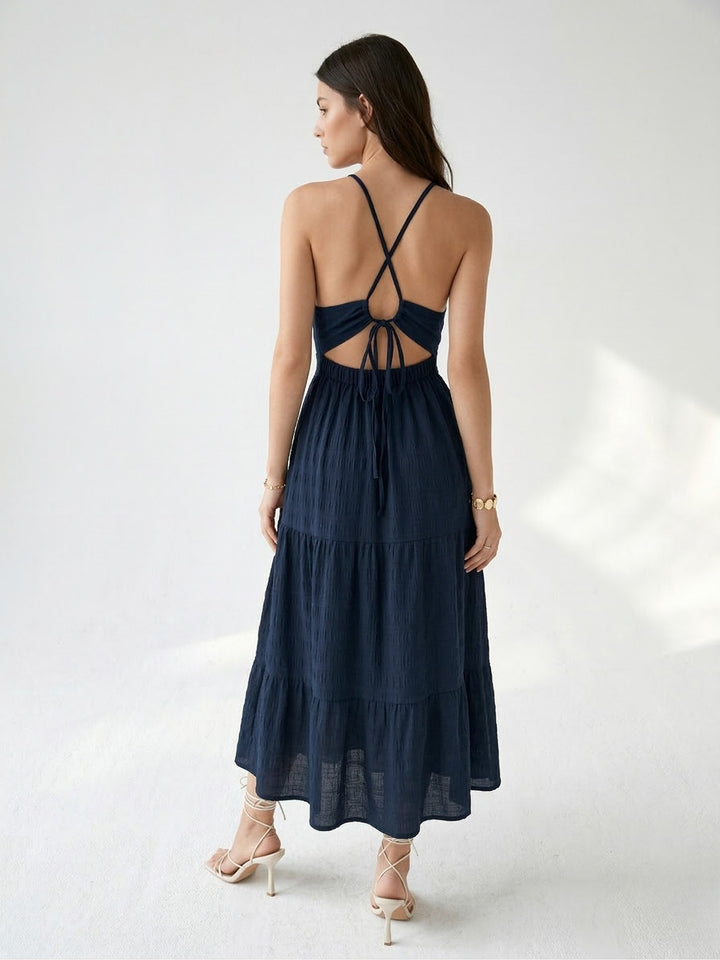 Navy Blue Halter Neck Tiered Dress