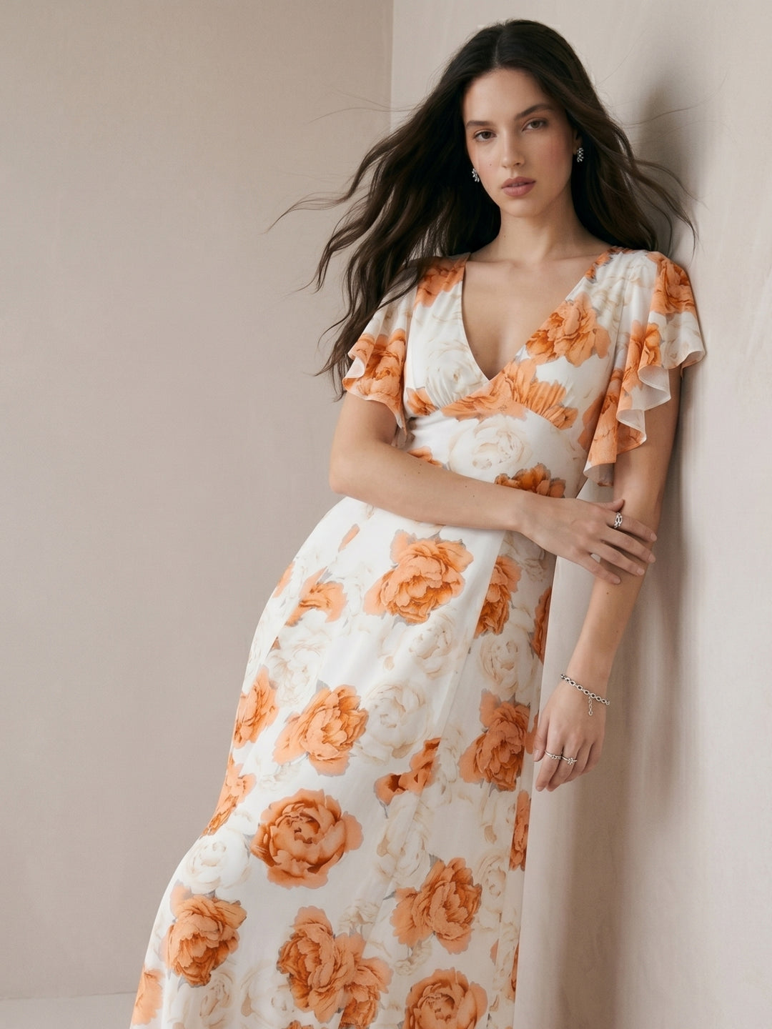 Orange Maxi Dress With Flared Sleeve