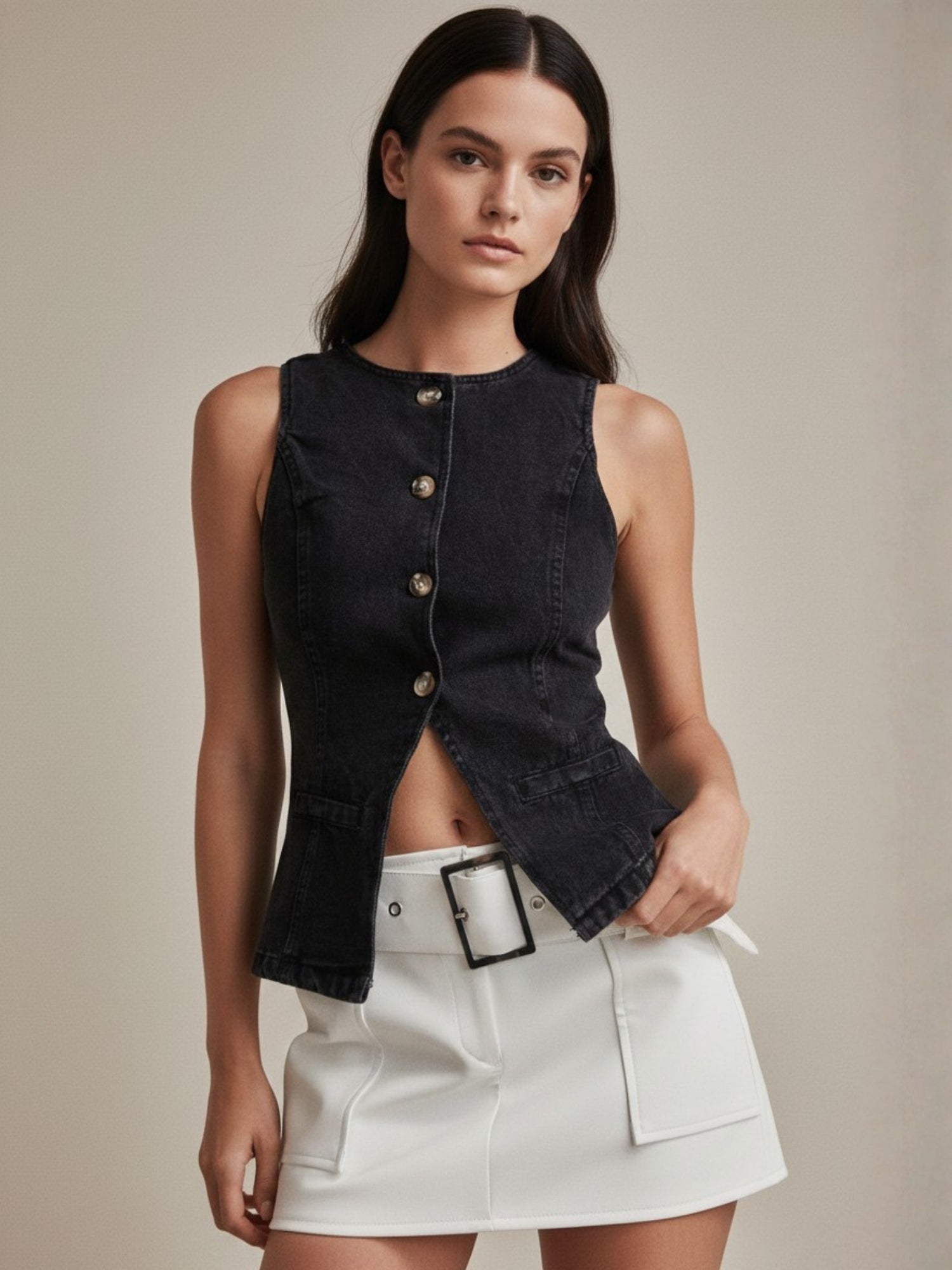 Black Front Buttoned Denim Vest