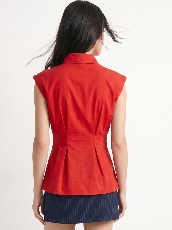 Red Waist Fitted Collared Neck Front Buttoned Shirt