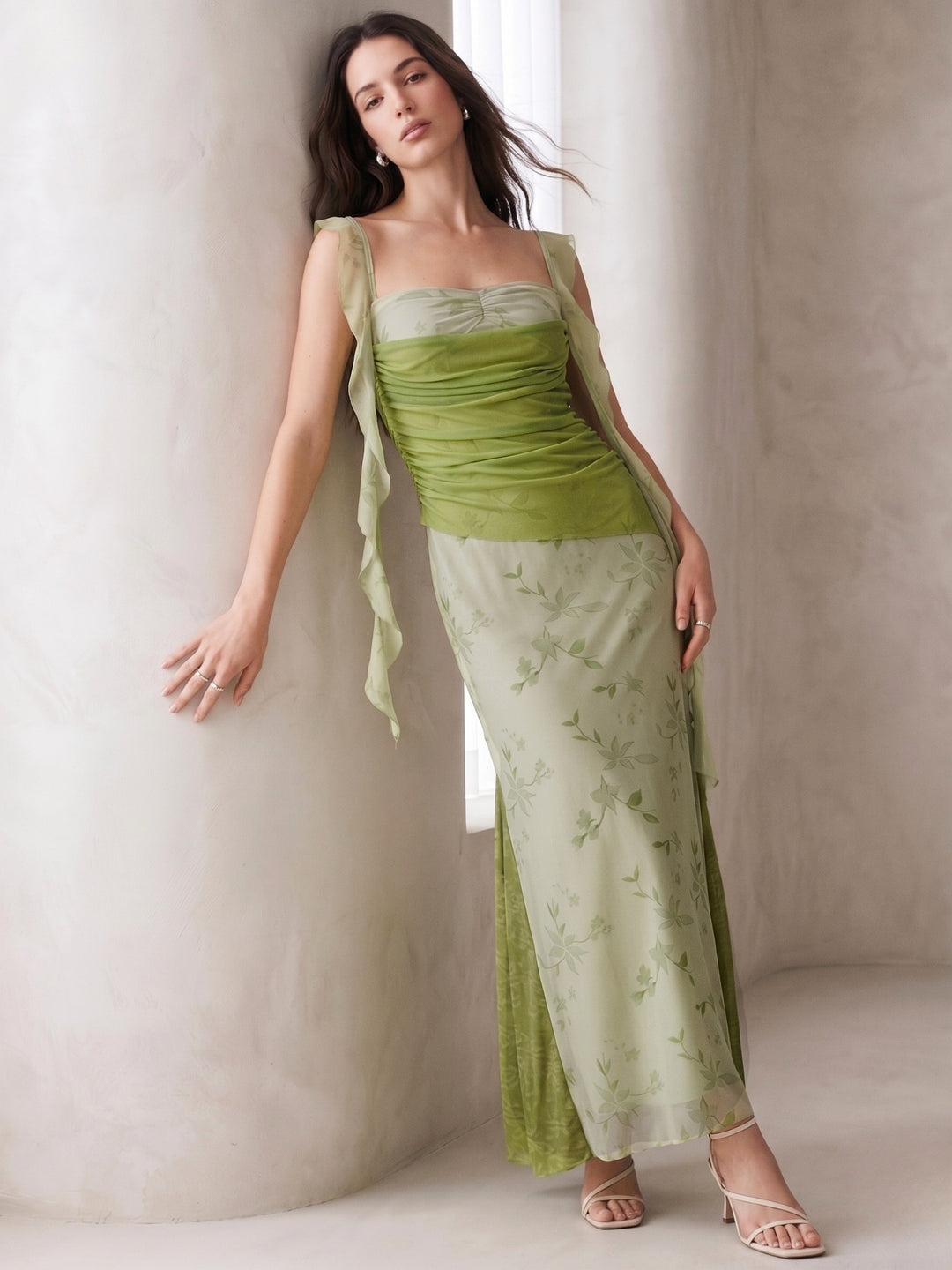 Green Cowl Neck Floral Printed Mesh Dress