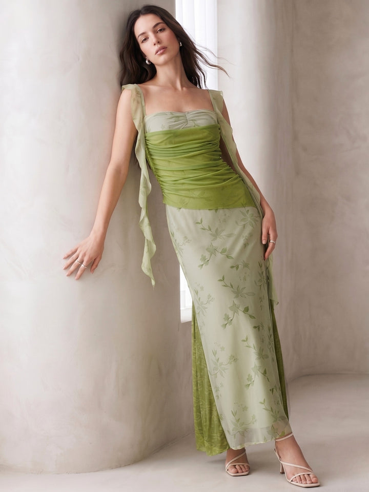 Green Cowl Neck Floral Printed Mesh Dress
