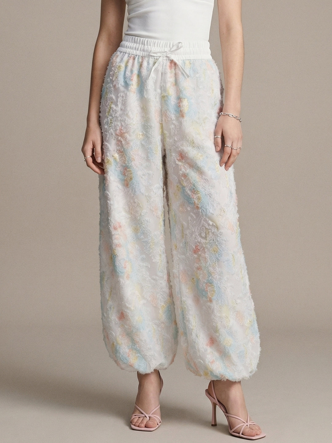 White Floral Textured Printed Pant