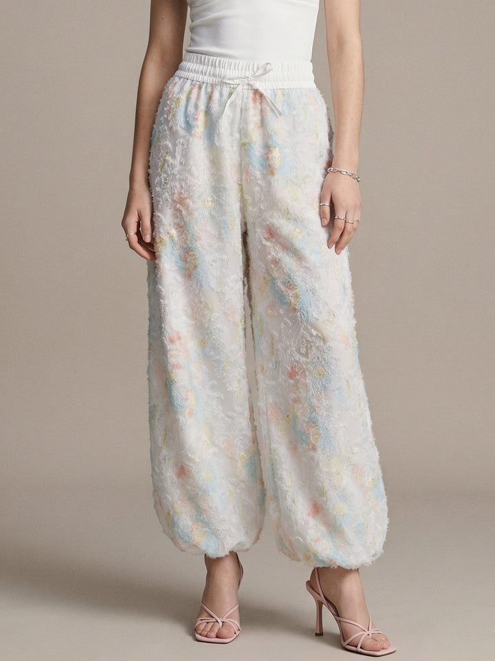 White Floral Textured Printed Pant