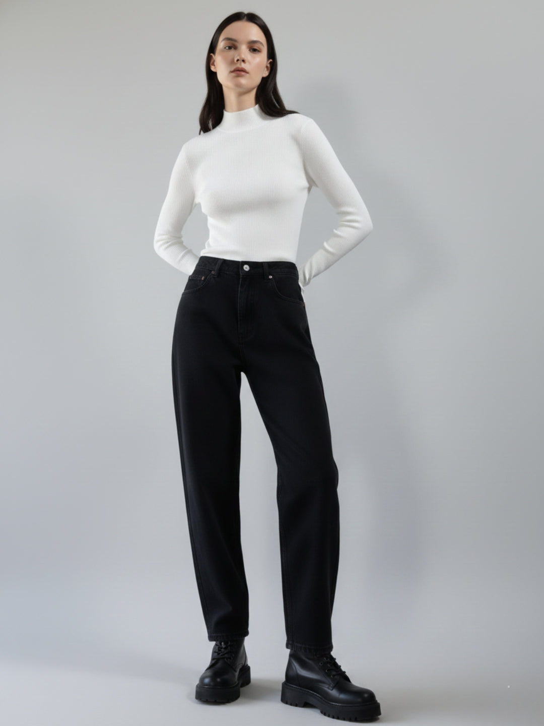White Full Sleeve Mock Neck Fitted Sweater
