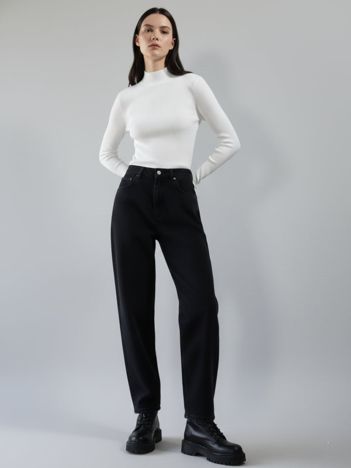 White Full Sleeve Mock Neck Fitted Sweater