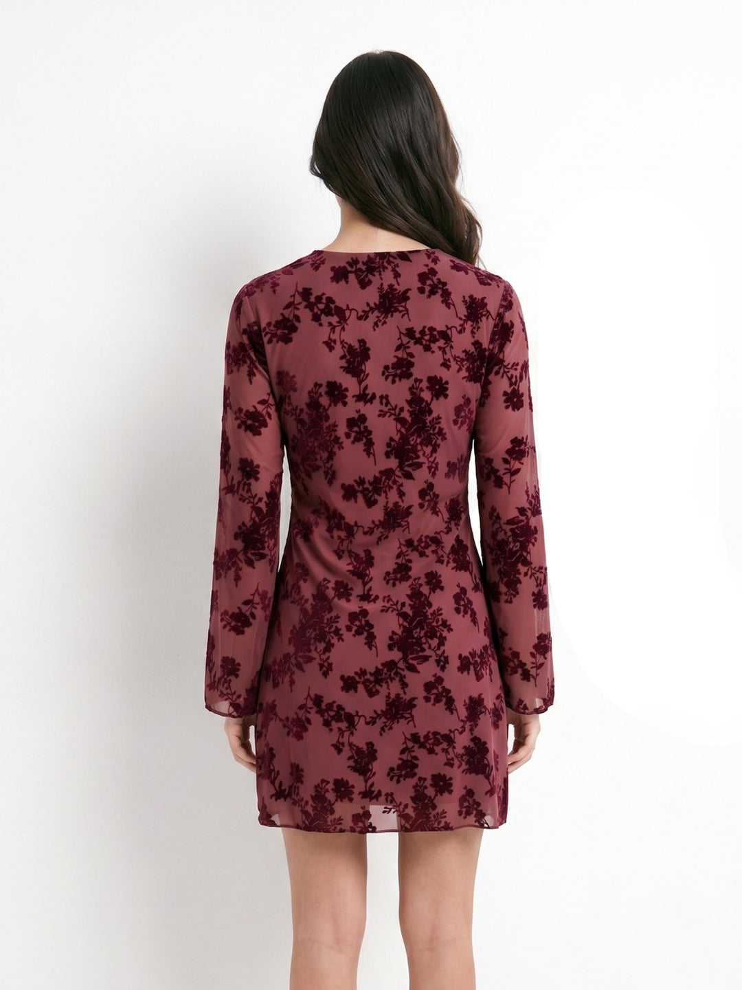Wine Floral Mesh Ruffle Detail Dress