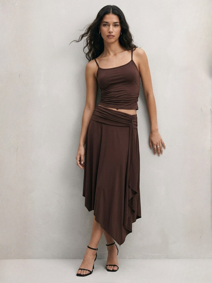 Brown Fitted Top And Asymmetrical Hem Skirt