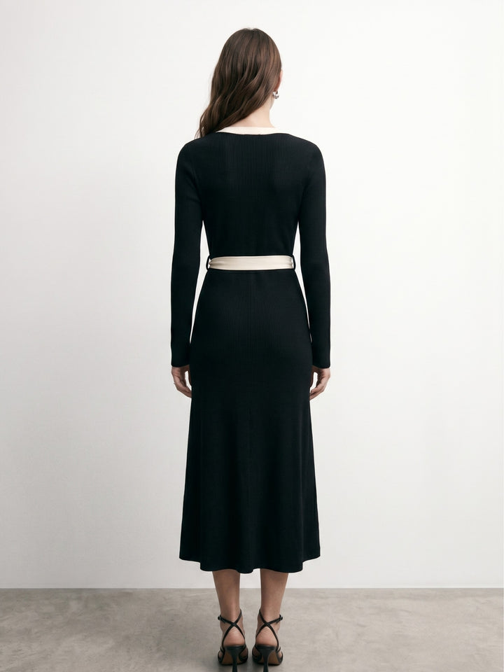 Black Plunge Neck Flared Dress With Contrast Binding And Belt Detail