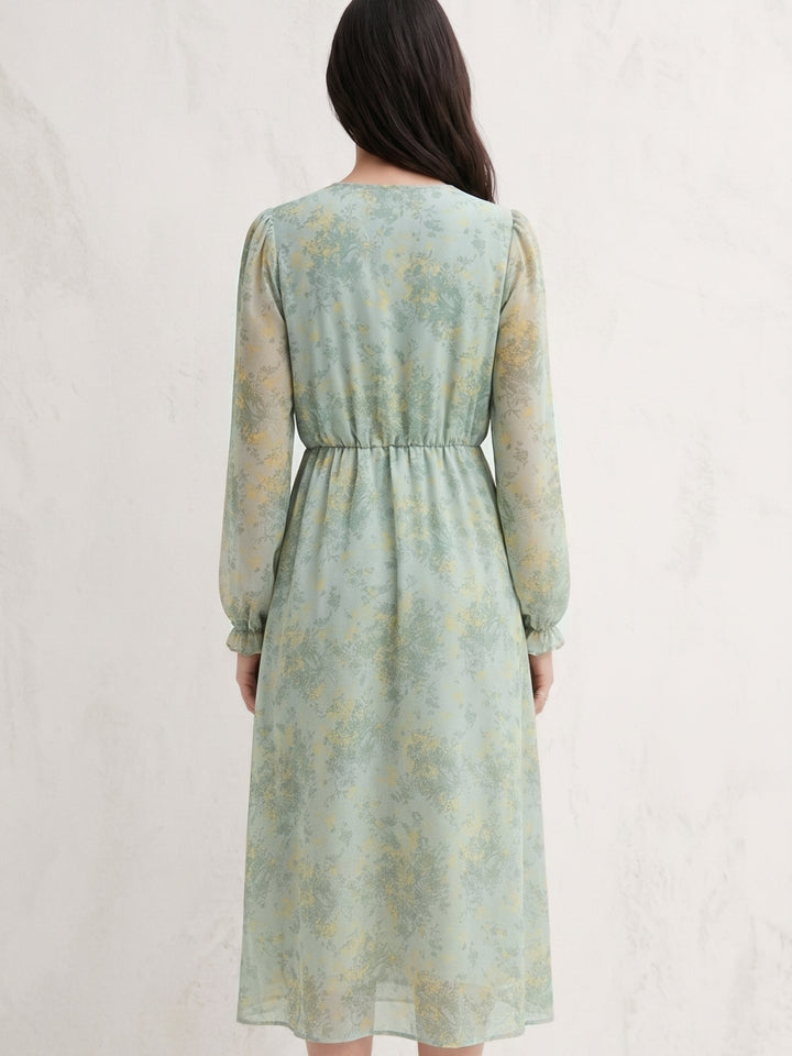 Green High Neck Printed Flowy Dress