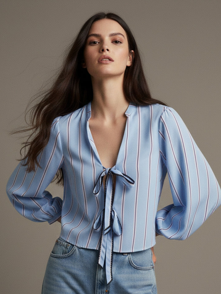 Blue Bishop Sleeve Tie-Up Top