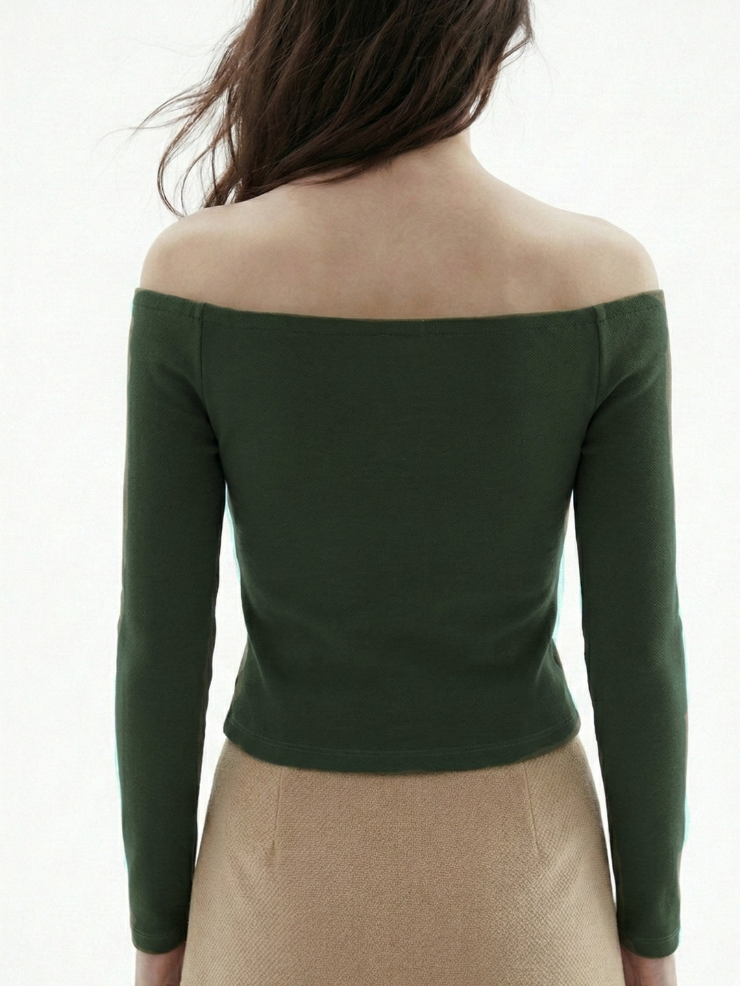 Olive Off-Shoulder Full Sleeved Top With Floral Embellishments