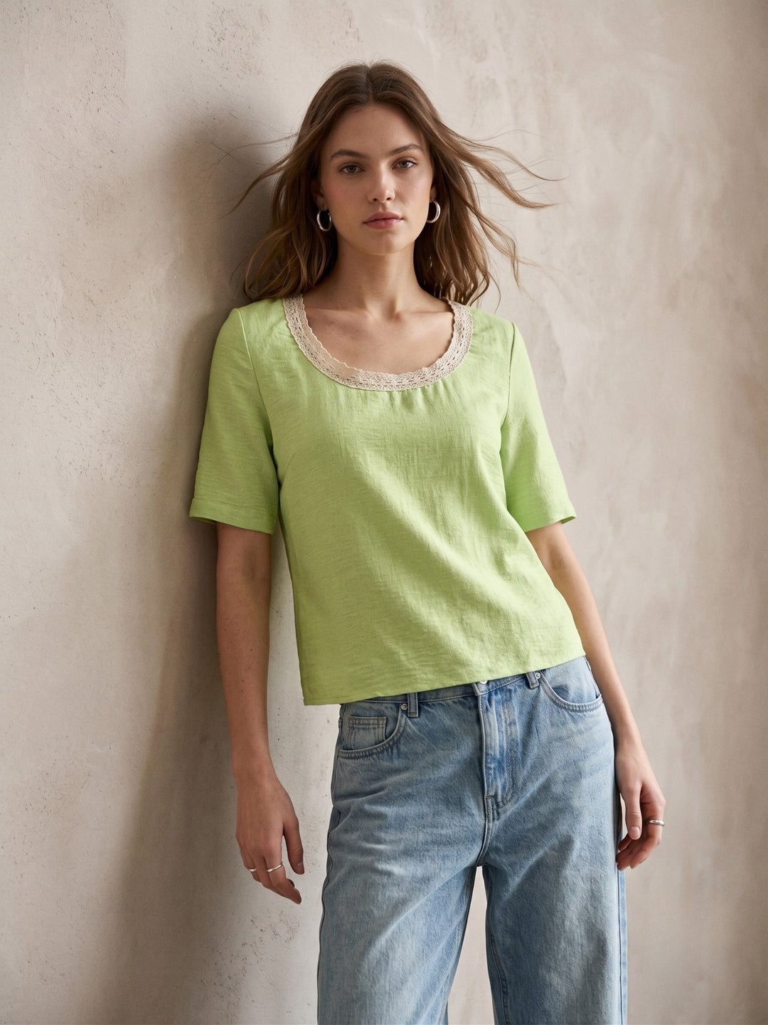 Green Relaxed Top With Lace Inserted Neck Line