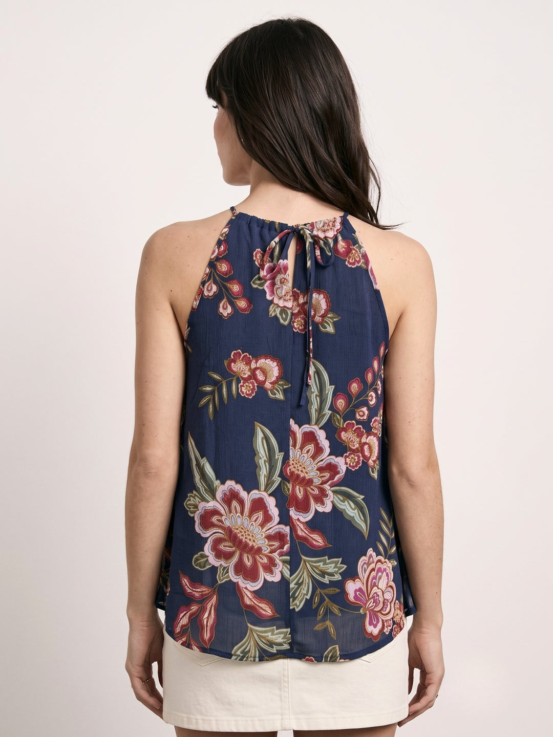 Navy Blue Halter Neck Ruffles Flared Printed Top