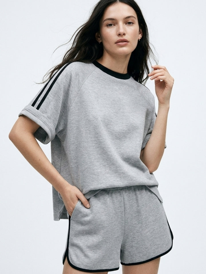 Grey Tonal Striped T-Shirt And Shorts Co-Ord Set