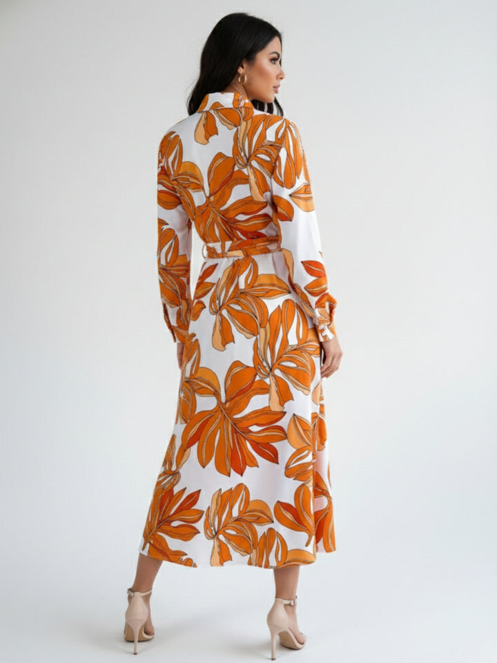 Orange Printed Shirt Tie Up Midi Dress