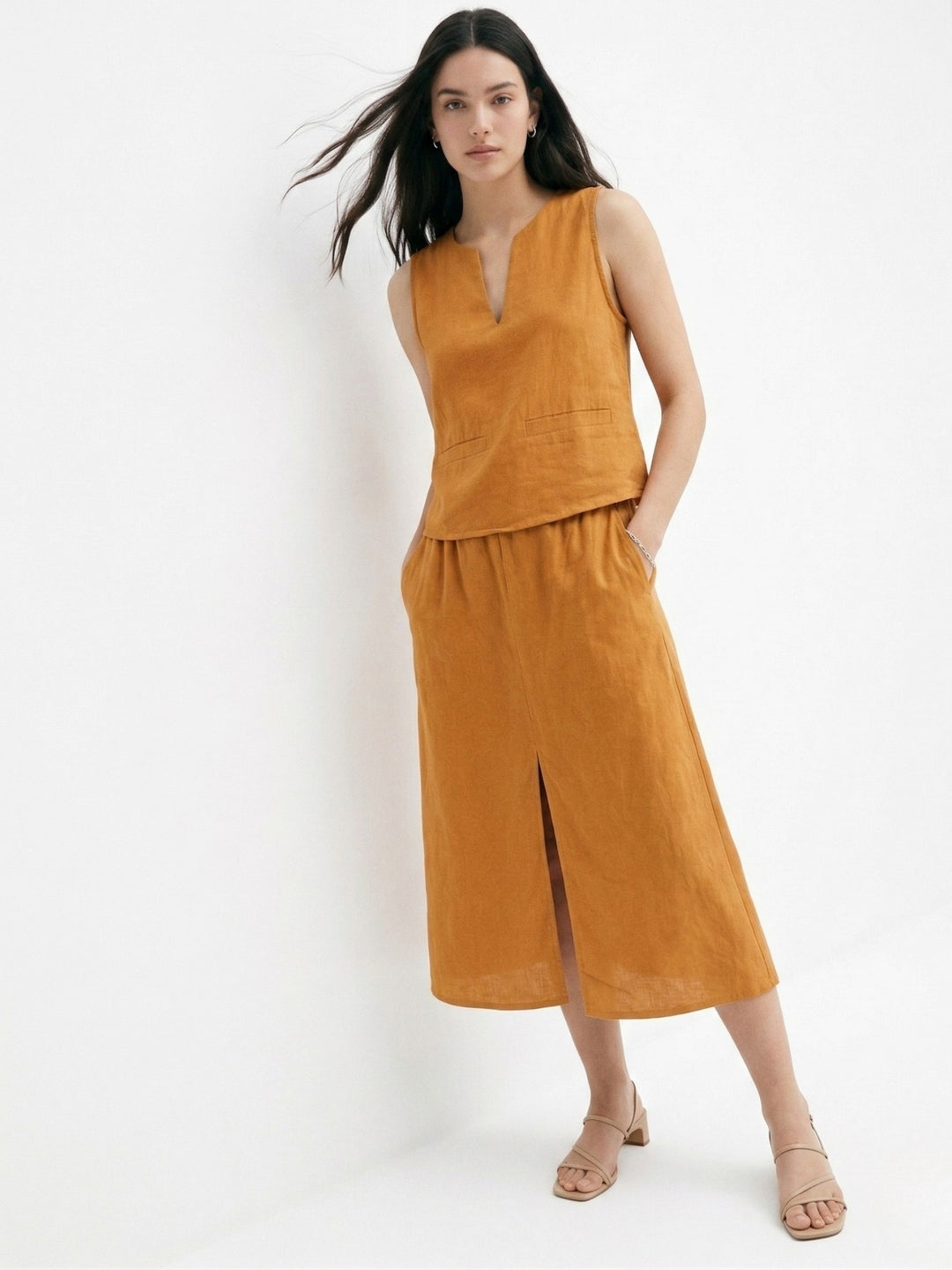Brown Sleeveless Top And Skirt Set