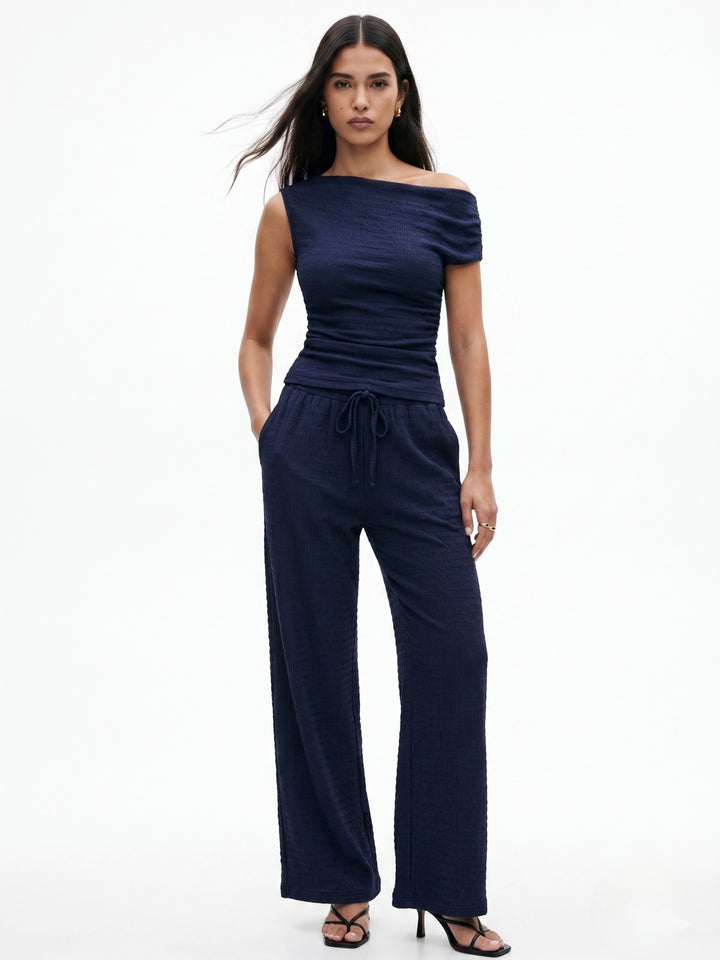 Navy Blue One Shoulder Top And Pant Set