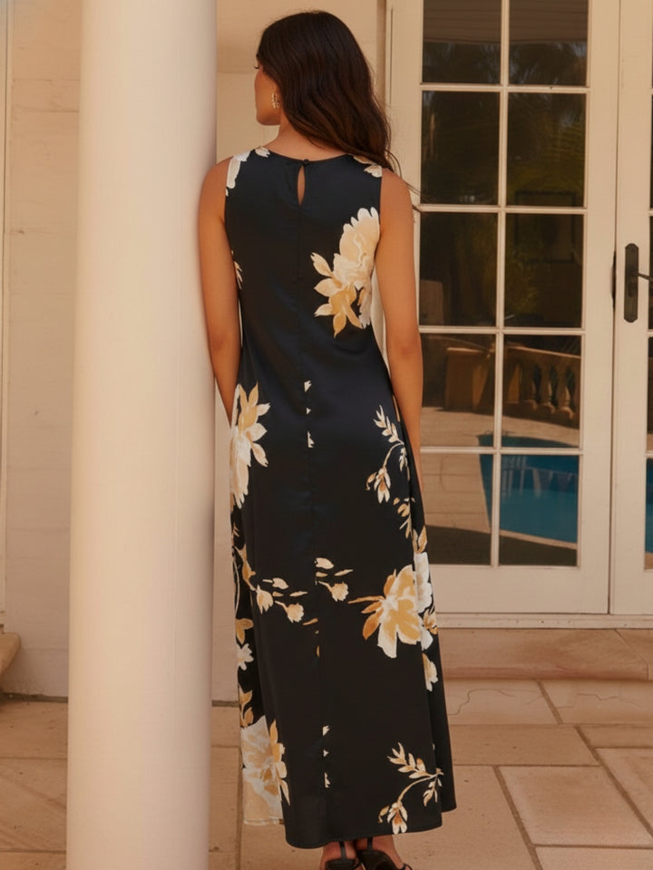 Navy Blue Sleeveless satin maxi dress