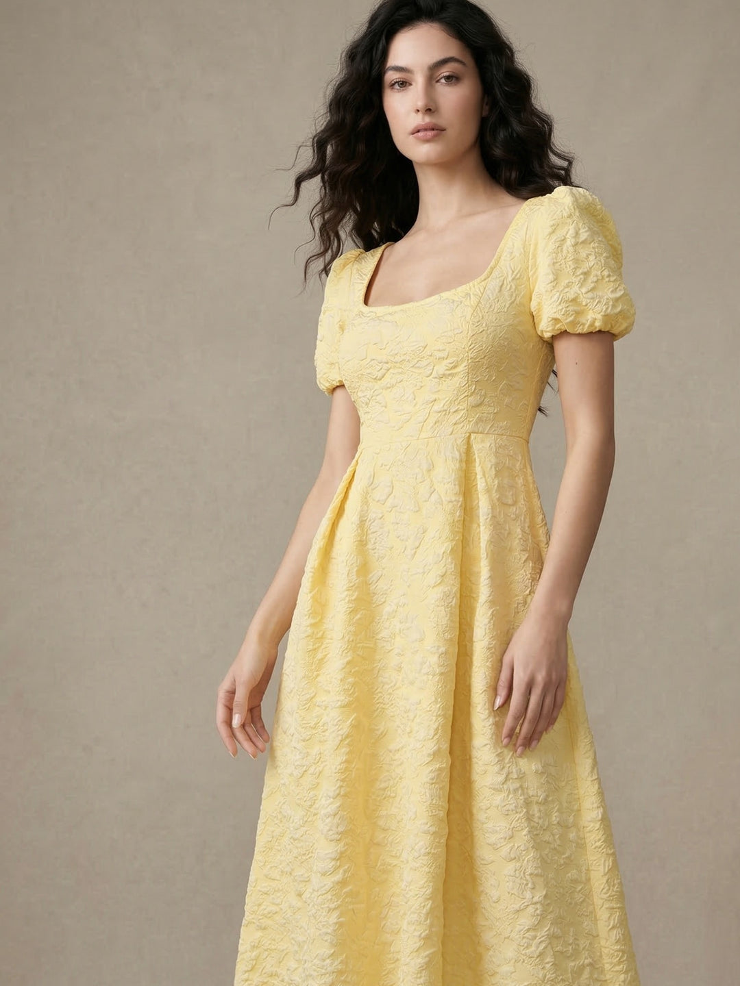Yellow Puff Sleeve Textured Dress