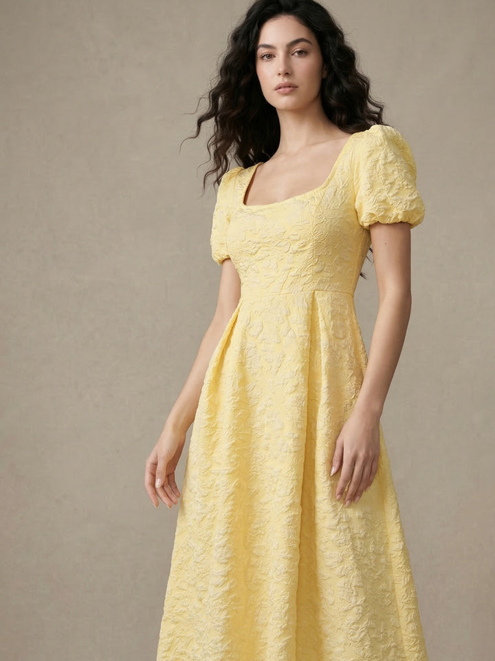 Yellow Puff Sleeve Textured Dress