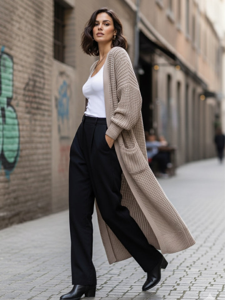 Beige Full Sleeves Solid Long Cardigan