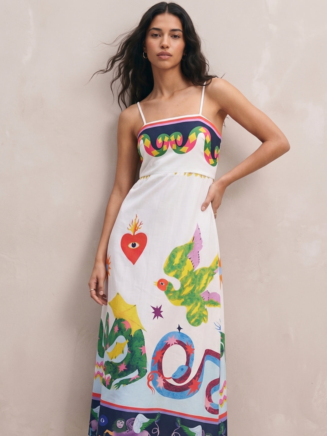 Off White Tropical Print Flared Maxi Dress
