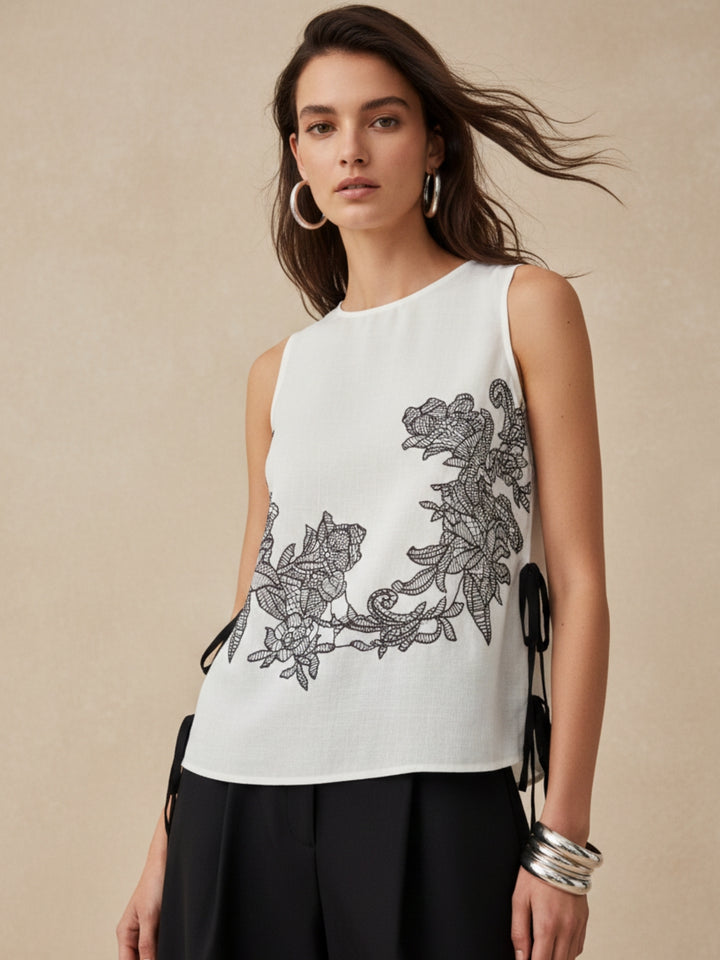 Off White Printed Floral Bouse With Tie Up Bow Detail