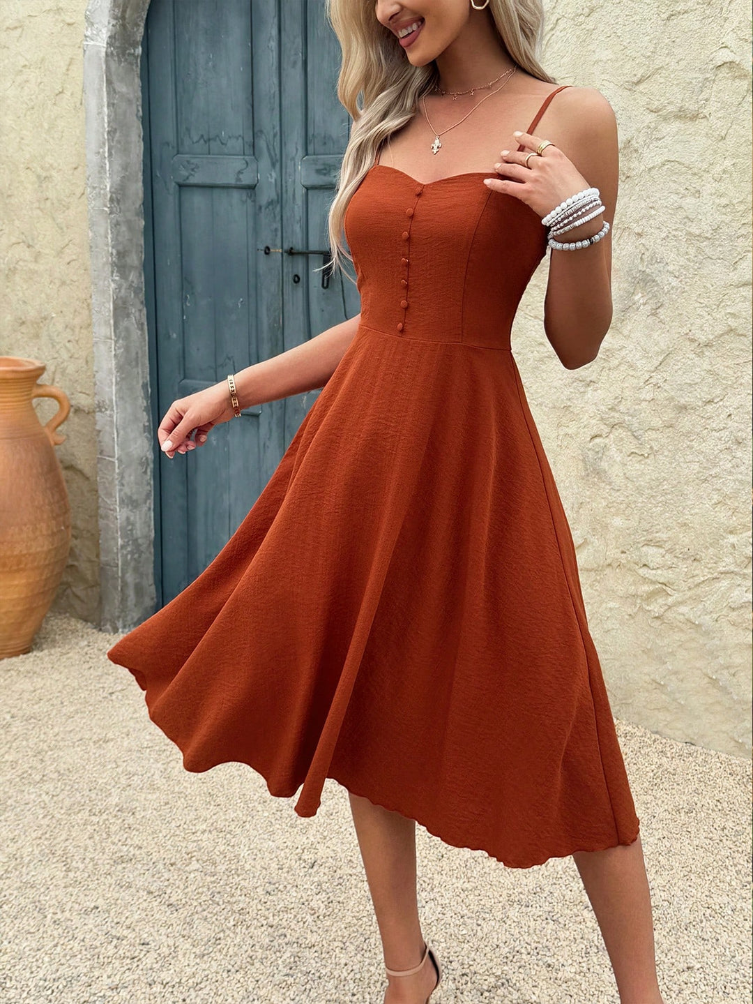 Brown Spaghetti Strap Sweetheart Neck Dress