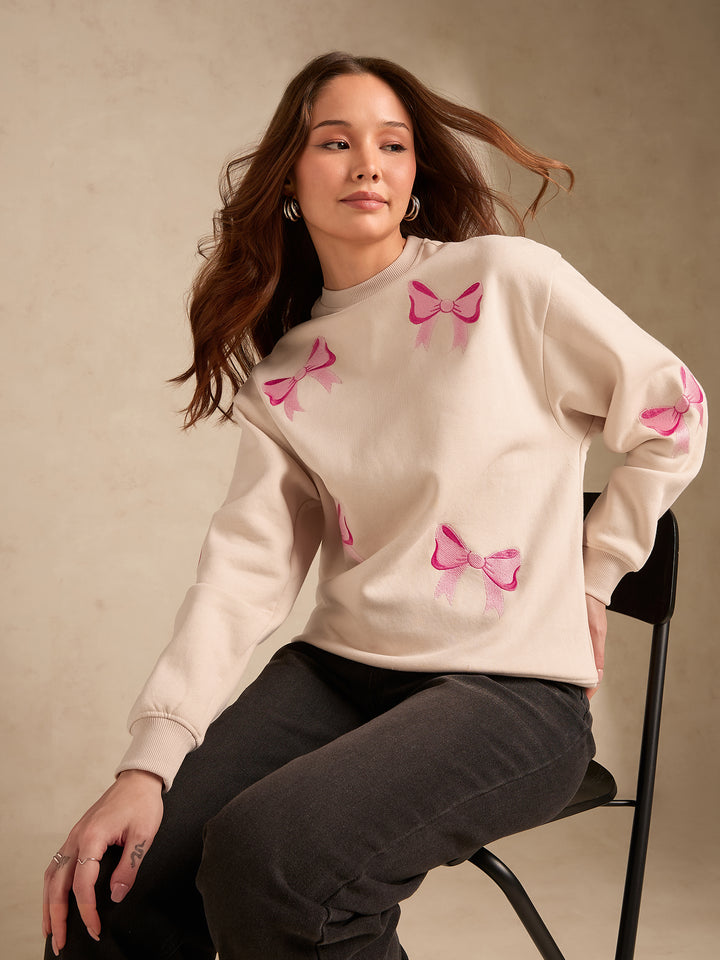 Cream Embroidered Bow Detail Russian Fleece Sweatshirt
