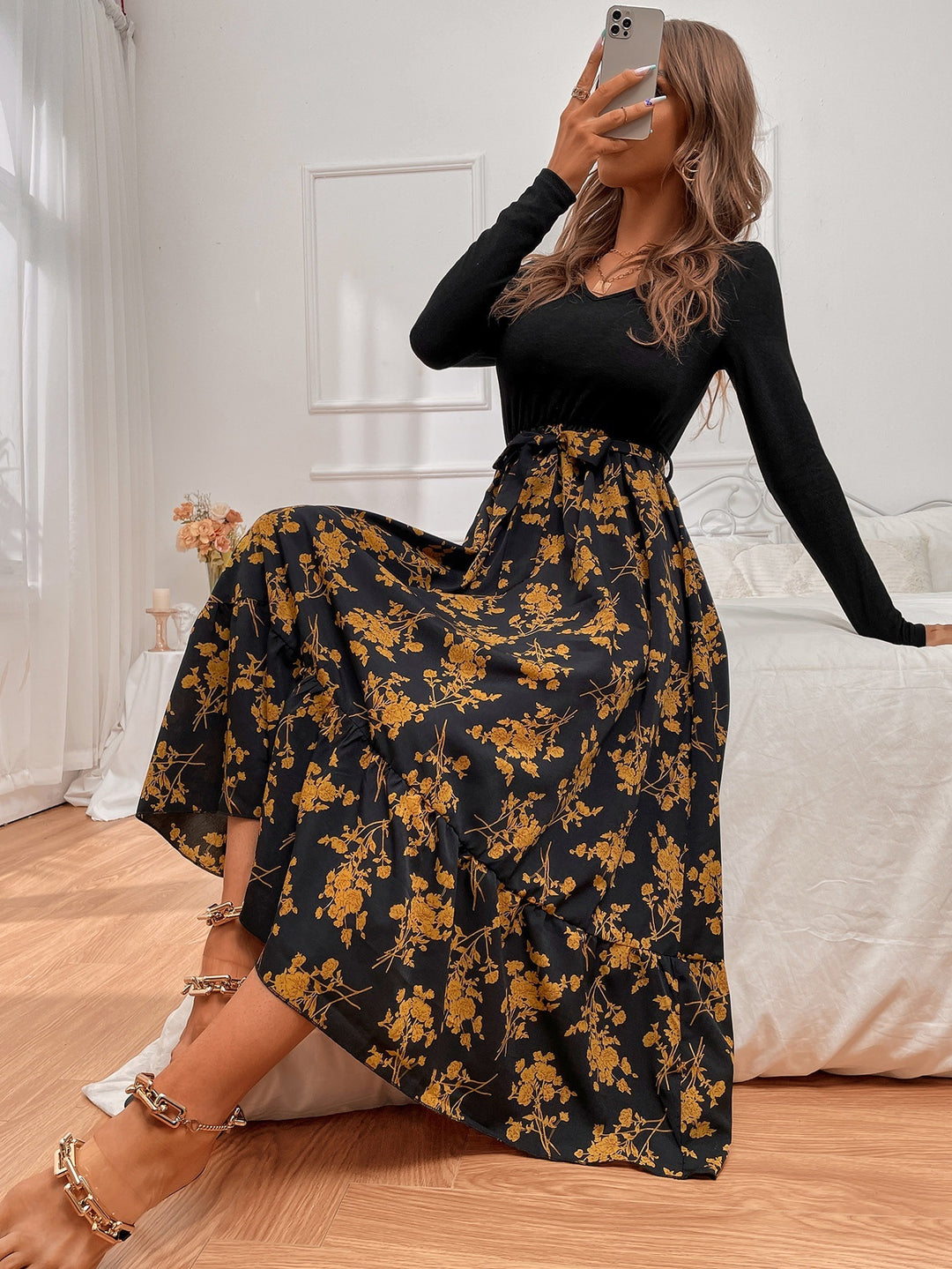 Black Full Sleeved Contrast Midi Dress