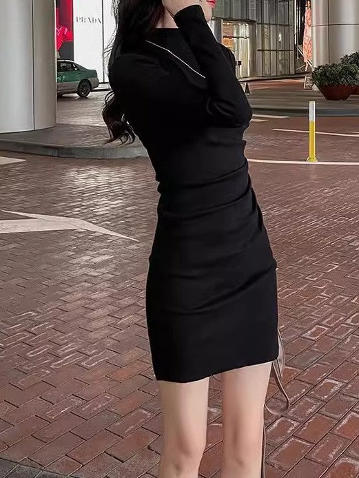 Black High Neck Side Ruched Mini Dress