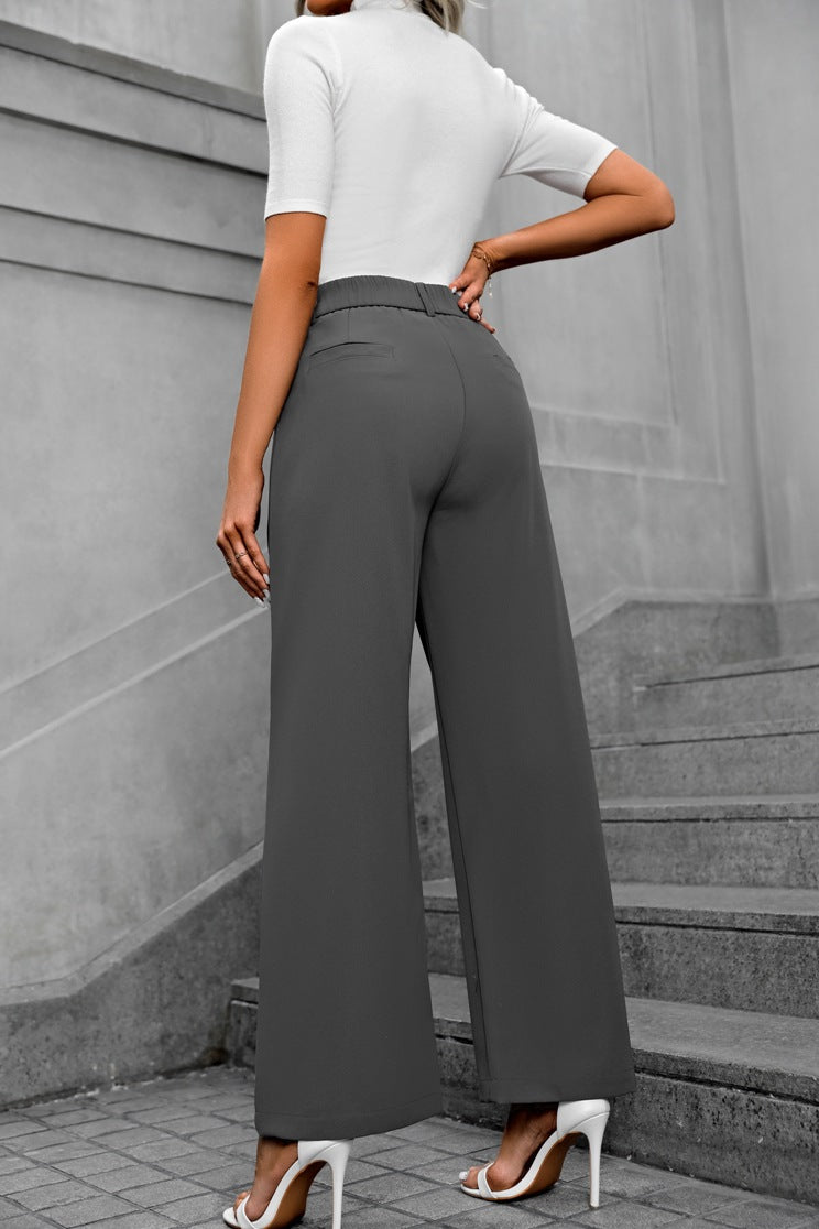 Grey Waist Band Pleated Straight Fit Pants